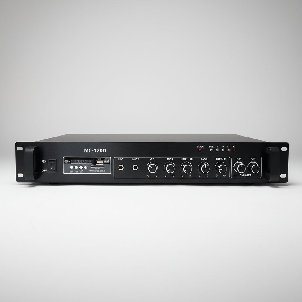 Black audio amplifier with control panels on a white background